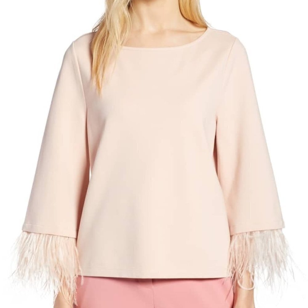 halogen Removable Feather Ostrich Sleeve Trim Ponte Top Blush Sz S